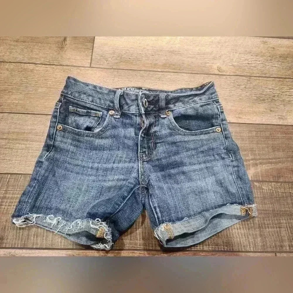 American Eagle Super Stretch Denim Shorts Sz 0 Y2K ROLLED CUTTOFF